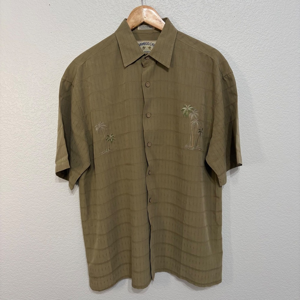 Bamboo Cay Mens Medium Olive Green Palm Tree Embroidered Silk Blend Camp Shirt